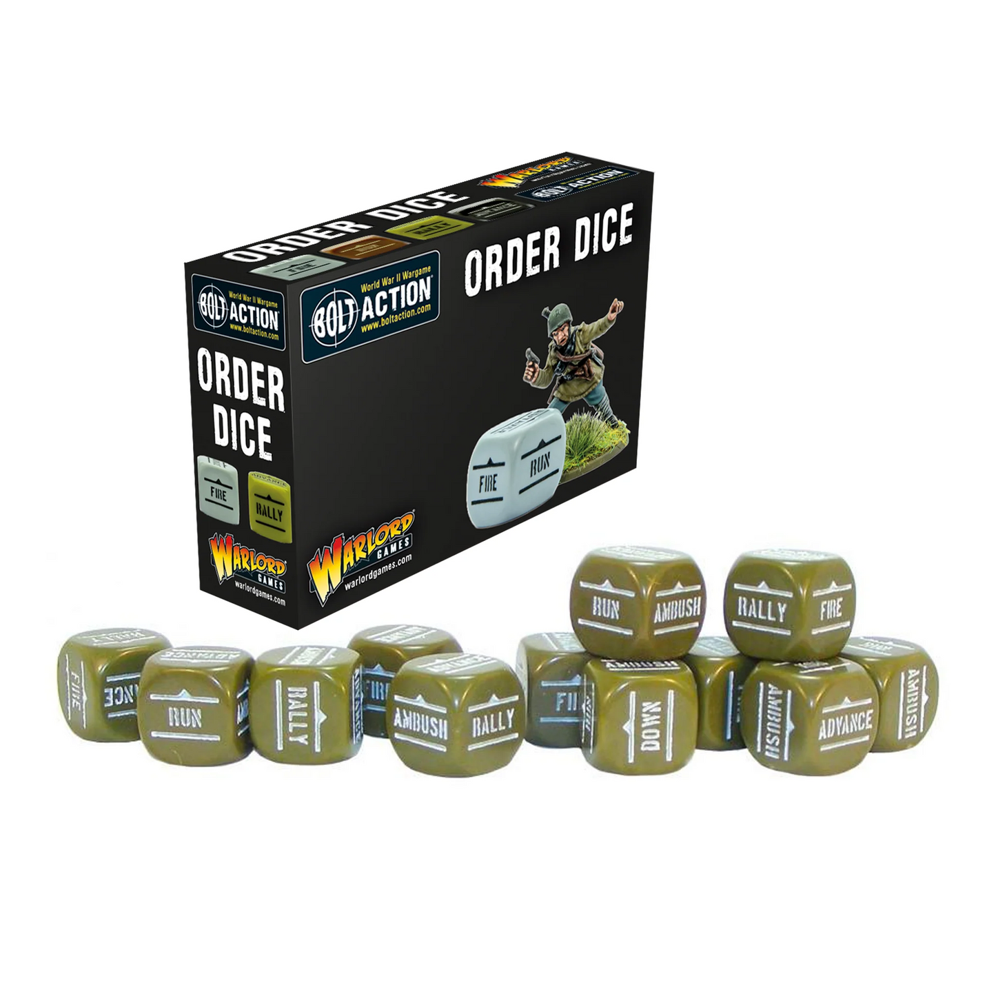 Order Dice Pack Olive Drab - Bolt Action - 12 kostek rozkazów w kolorze US Army z symbolami Fire, Advance, Rally, Ambush, Down, Run - Warlord Games