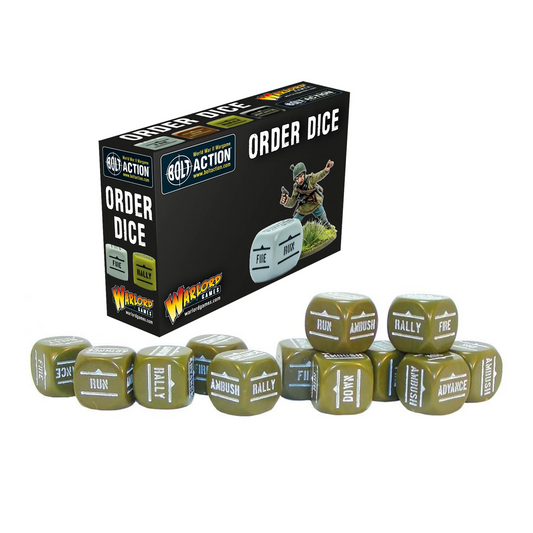 Order Dice Pack Olive Drab - Bolt Action - 12 kostek rozkazów w kolorze US Army z symbolami Fire, Advance, Rally, Ambush, Down, Run - Warlord Games