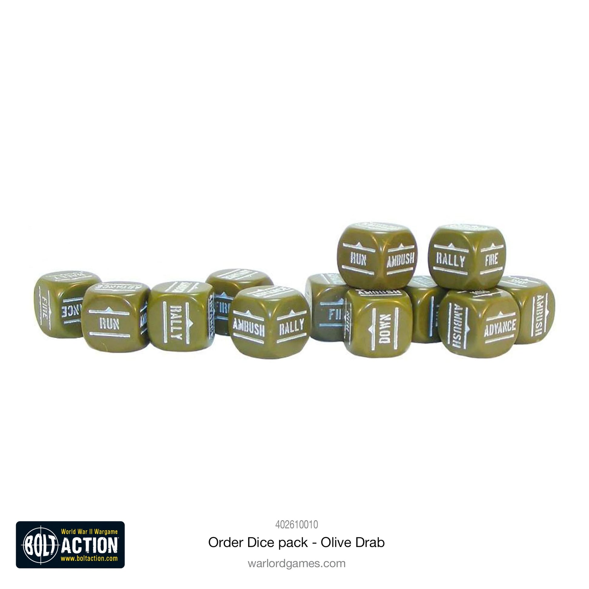 Kości Order Dice Olive Drab - Bolt Action 28mm - wszystkie symbole rozkazów widoczne - oficjalny produkt Warlord Games