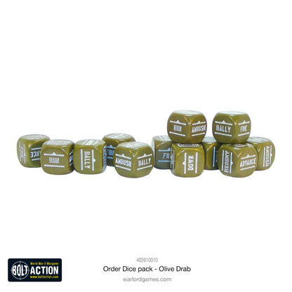Kości Order Dice Olive Drab - Bolt Action 28mm - wszystkie symbole rozkazów widoczne - oficjalny produkt Warlord Games