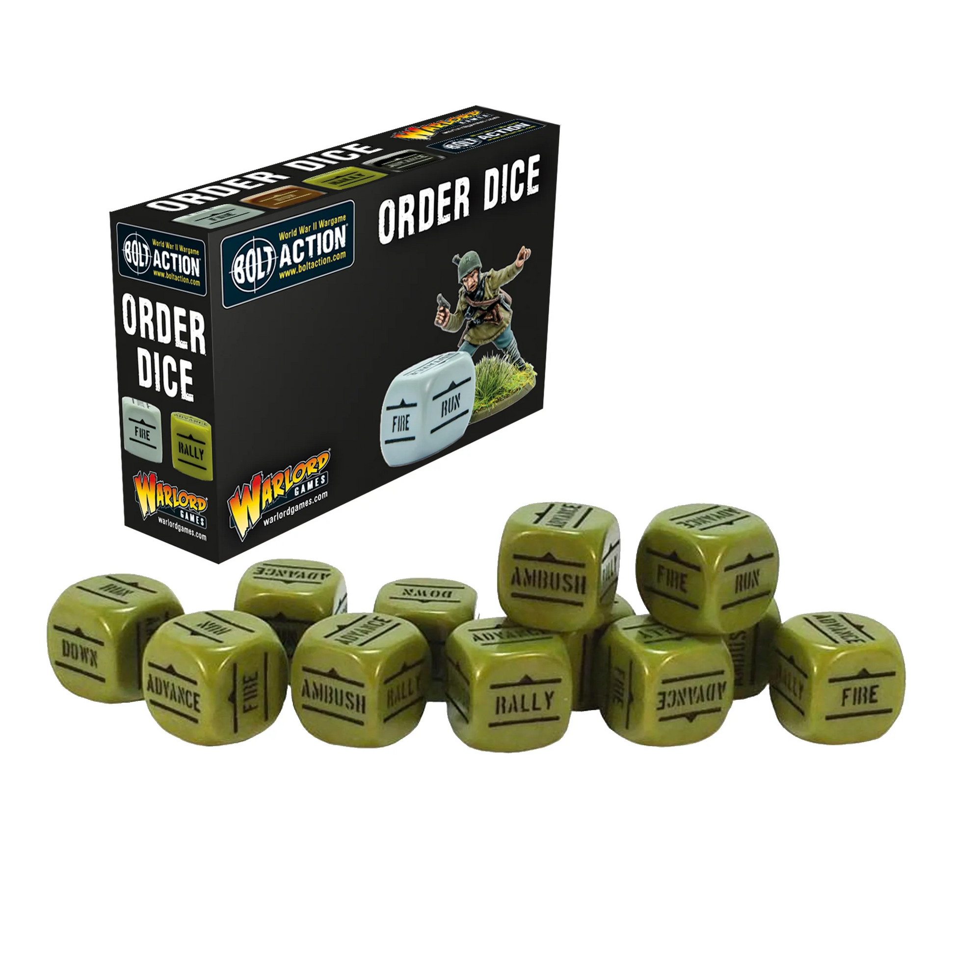 Order Dice Pack Green - Bolt Action - 12 zielonych kostek rozkazów z symbolami Fire, Advance, Rally, Ambush, Down, Run - Warlord Games