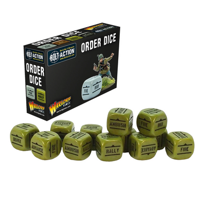 Order Dice Pack Green - Bolt Action - 12 zielonych kostek rozkazów z symbolami Fire, Advance, Rally, Ambush, Down, Run - Warlord Games