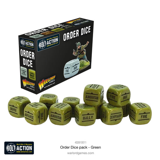 Order Dice Green - Bolt Action - zestaw 12 kostek do gry z wyraźnymi symbolami rozkazów - uniwersalny zielony kolor - Warlord Games
