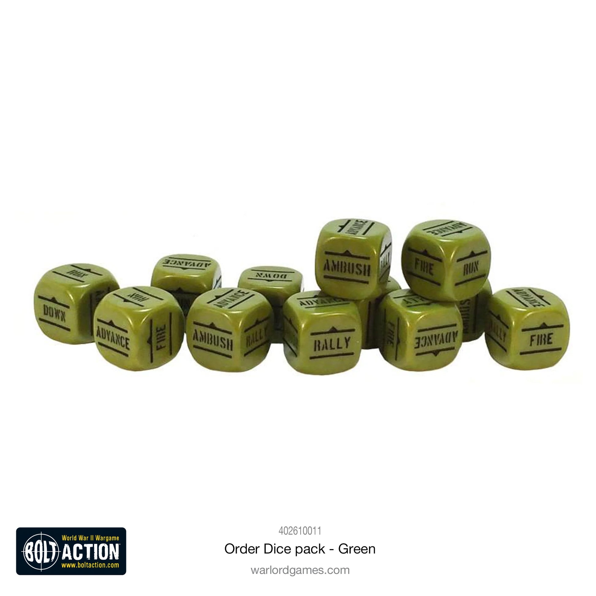 Kości Order Dice zielone - Bolt Action 28mm - wszystkie symbole rozkazów widoczne - oficjalny produkt Warlord Games