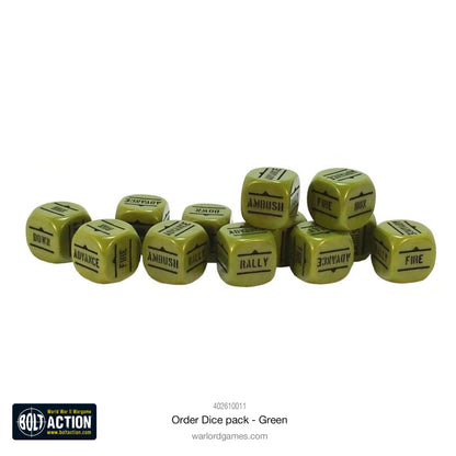 Kości Order Dice zielone - Bolt Action 28mm - wszystkie symbole rozkazów widoczne - oficjalny produkt Warlord Games