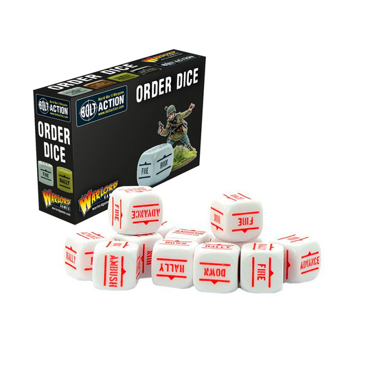 Order Dice Pack White - Bolt Action - 12 białych kostek rozkazów z czerwonymi symbolami Fire, Advance, Rally, Ambush, Down, Run - Warlord Games