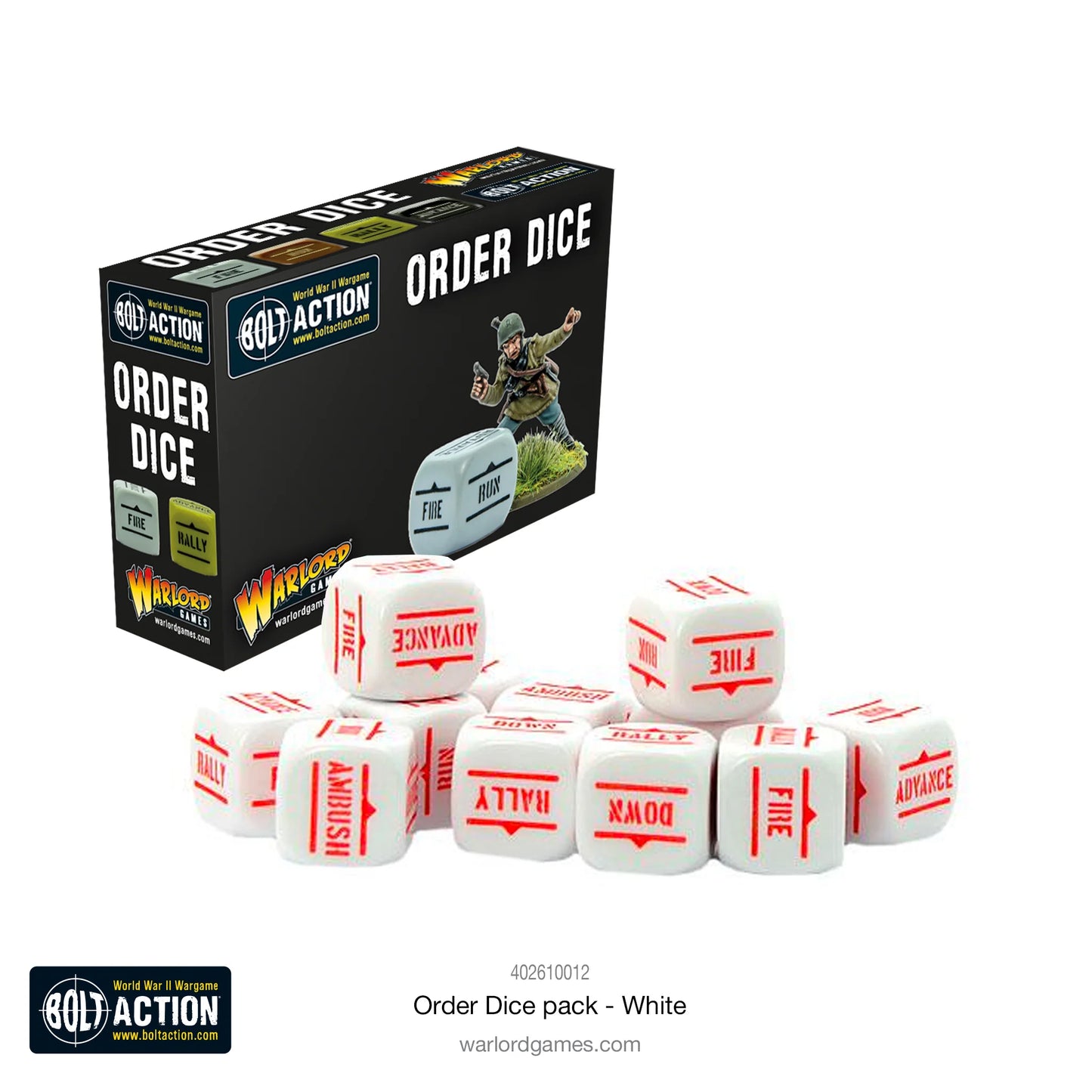 Order Dice White - Bolt Action - zestaw 12 kostek do gry z wyraźnymi symbolami rozkazów - idealny dla armii zimowych - Warlord Games