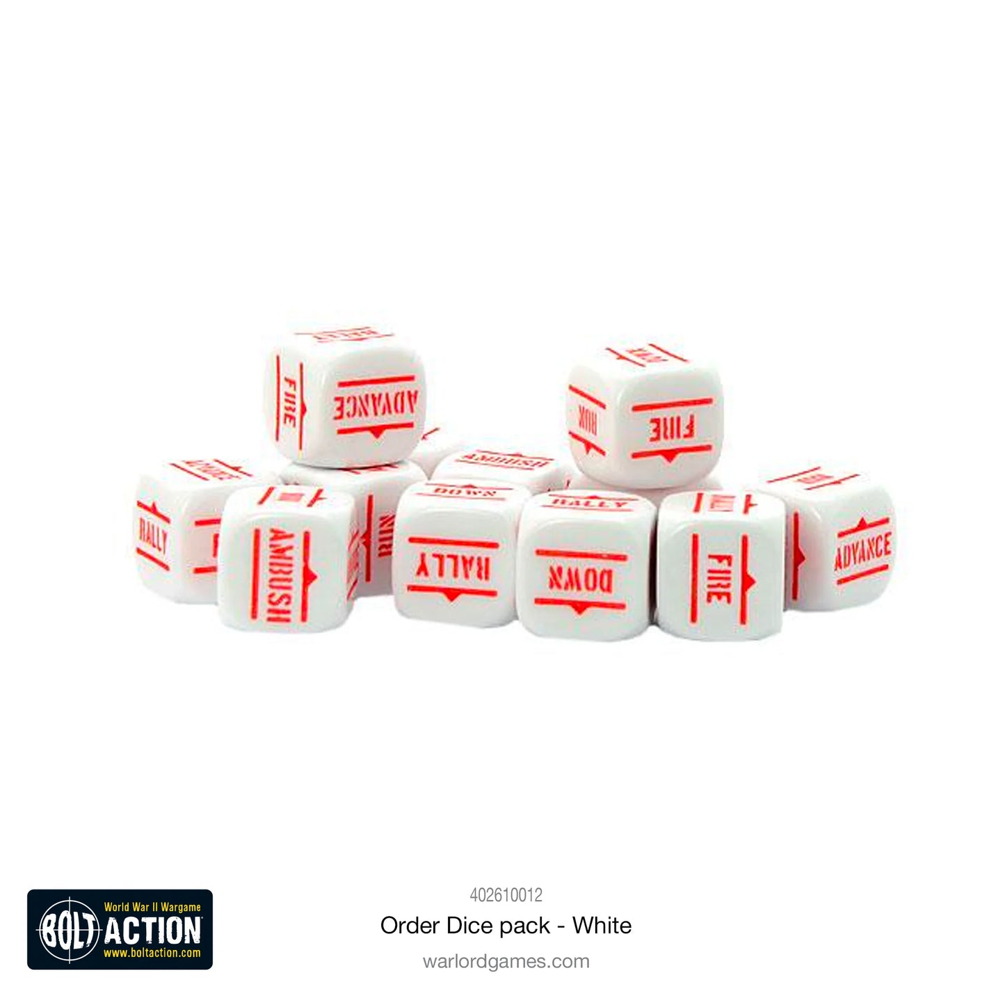 Kości Order Dice białe - Bolt Action 28mm - wszystkie symbole rozkazów widoczne - oficjalny produkt Warlord Games