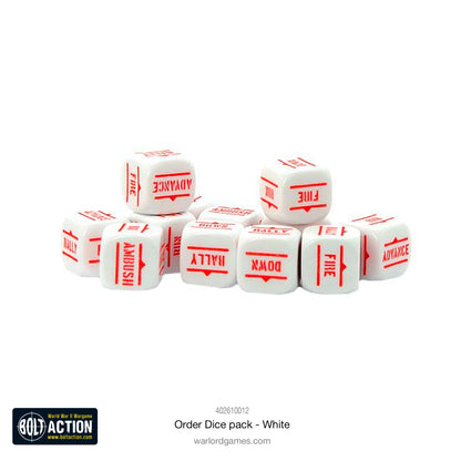 Kości Order Dice białe - Bolt Action 28mm - wszystkie symbole rozkazów widoczne - oficjalny produkt Warlord Games