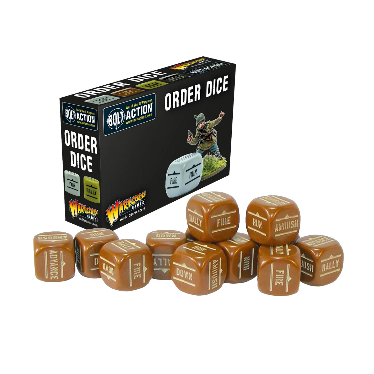 Bolt Action Orders Dice Pack - Brown - 12 brązowych kostek rozkazów Order Dice z symbolami FIRE, ADVANCE, RUN, AMBUSH, RALLY, DOWN - opakowanie z żołnierzem na podstawce z trawą - niezbędne akcesoria do gry Bolt Action - Warlord Games