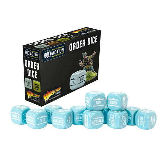 Bolt Action Orders Dice Pack - Blue - 12 niebieskich kostek rozkazów Order Dice z symbolami FIRE, ADVANCE, RUN, AMBUSH, RALLY, DOWN - opakowanie z żołnierzem US Army na podstawce z trawą - niezbędne akcesoria do gry Bolt Action - Warlord Games