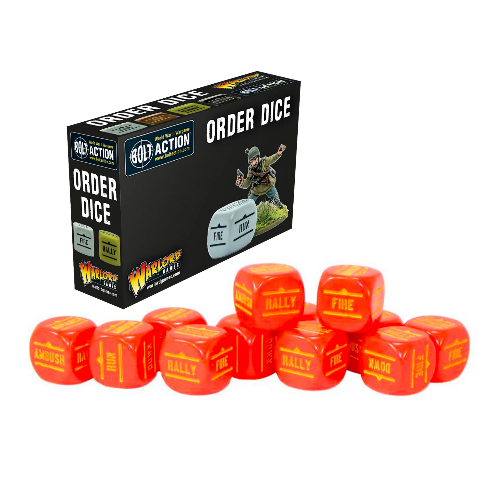 Bolt Action Orders Dice Pack - Red - 12 czerwonych kostek rozkazów Order Dice z żółtymi symbolami FIRE, ADVANCE, RUN, AMBUSH, RALLY, DOWN - opakowanie z żołnierzem na podstawce z trawą - niezbędne akcesoria do gry Bolt Action - Warlord Games