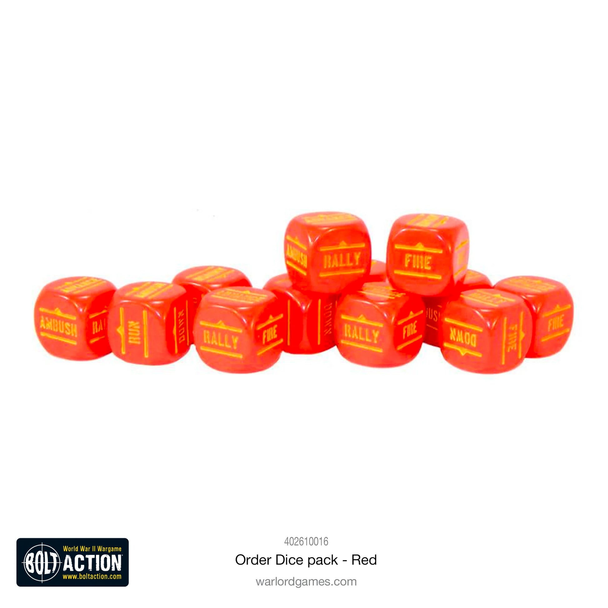 Bolt Action Orders Dice Pack - Red - zbliżenie 12 czerwonych kostek rozkazów Order Dice ułożonych w rzędzie: widoczne żółte symbole RALLY, FIRE, ADVANCE, RUN, DOWN, AMBUSH na 6 ściankach - klasyczny czerwony kolor idealny dla Związku Radzieckiego i Japonii - akcesoria Bolt Action - Warlord Games