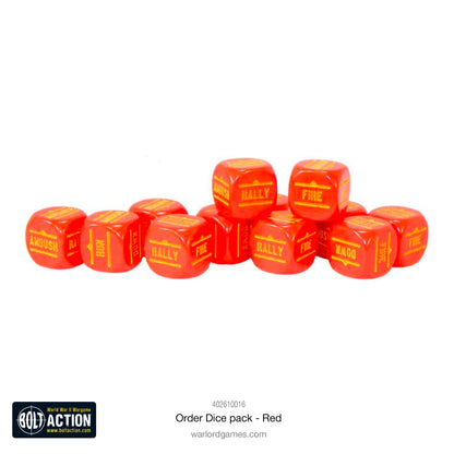 Bolt Action Orders Dice Pack - Red - zbliżenie 12 czerwonych kostek rozkazów Order Dice ułożonych w rzędzie: widoczne żółte symbole RALLY, FIRE, ADVANCE, RUN, DOWN, AMBUSH na 6 ściankach - klasyczny czerwony kolor idealny dla Związku Radzieckiego i Japonii - akcesoria Bolt Action - Warlord Games