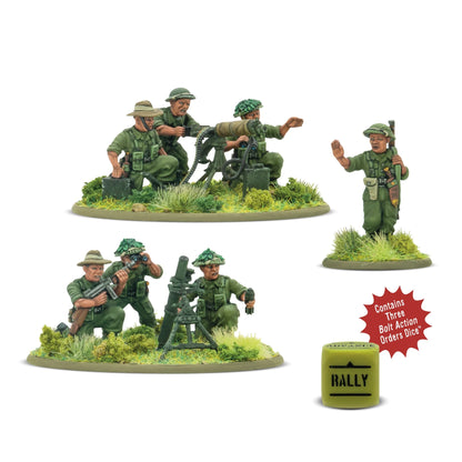 Warlord Games Gurkha Heavy Weapons Platoon – widok zestawu: zespół MMG Vickers z 3 figurkami obsługi Warlord Resin, zespół moździerza średniego 3-calowego z 3 figurkami obsługi, dowódca plutonu i 3 kości rozkazu Bolt Action 28mm