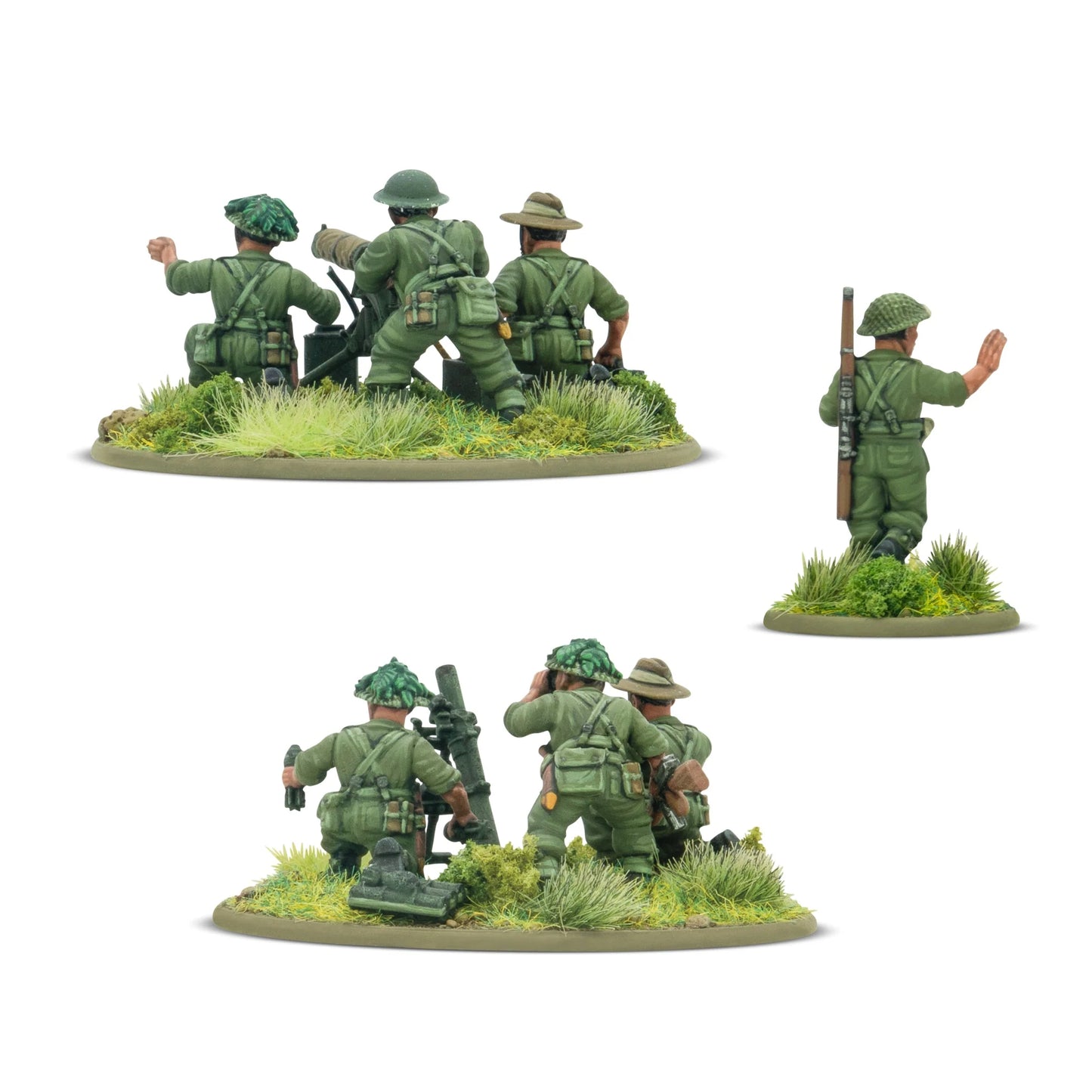 Warlord Games Gurkha Heavy Weapons Platoon – widok od tyłu: zespół MMG Vickers i zespół moździerza średniego z obsługami Gurków Warlord Resin oraz dowódca plutonu, detale wyposażenia 28mm Bolt Action