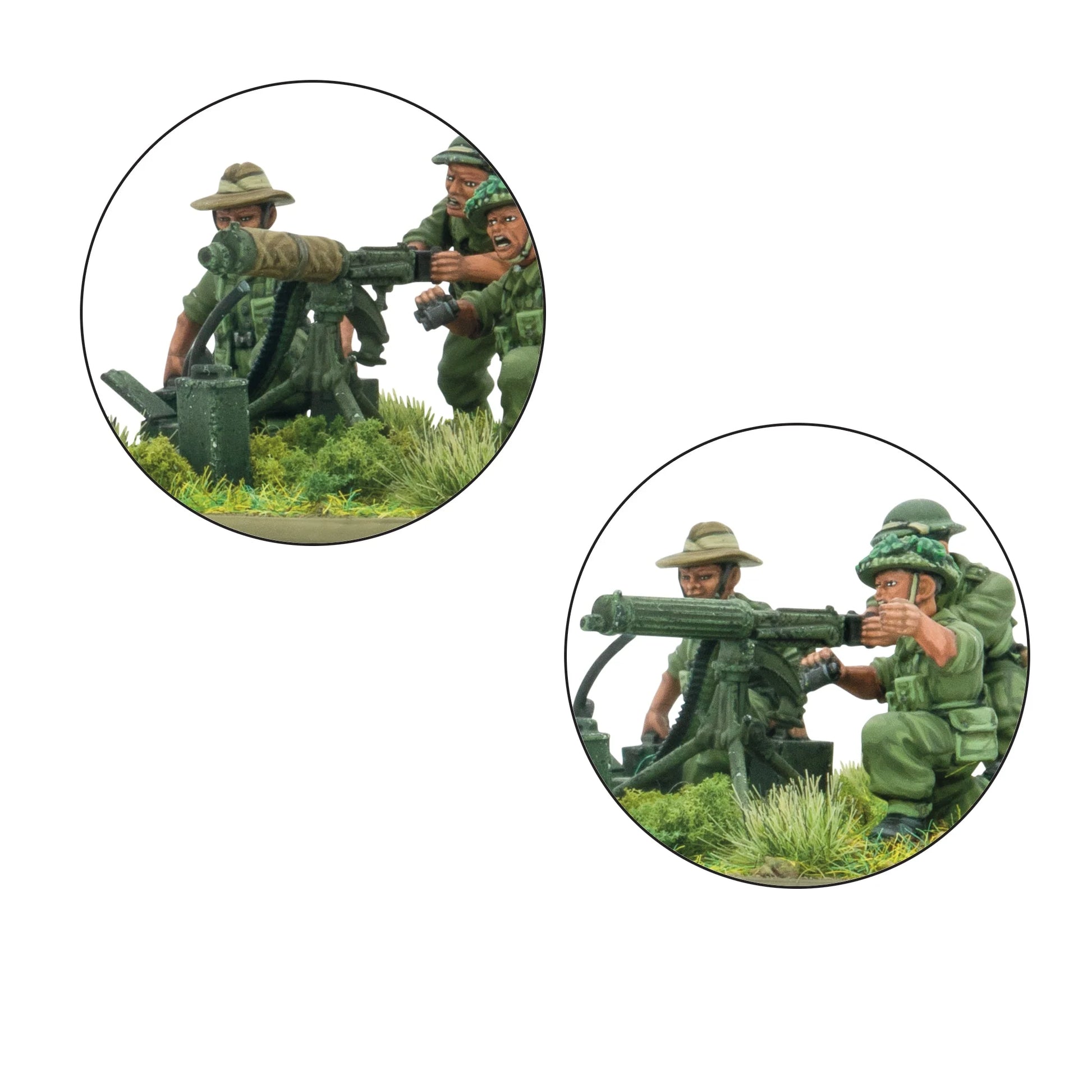 Warlord Games Gurkha Heavy Weapons Platoon – zbliżenie: celowniczy przy moździerzu średnim 3-calowym z lornetką i ładowniczy z granatem moździerzowym (góra) oraz celowniczy i pomocnik przy karabinie maszynowym Vickers (dół), detale twarzy i broni 28mm Bolt Action