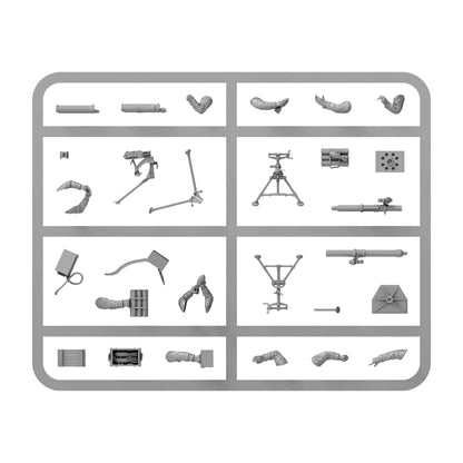 Warlord Games Gurkha Heavy Weapons Platoon – wypraska plastikowa z elementami broni ciężkiej: lufa i podstawa Vickersa, trójnóg i lufa moździerza, skrzynki amunicyjne, taśmy nabojowe, rączki i akcesoria 28mm Bolt Action