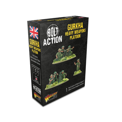 Warlord Games Gurkha Heavy Weapons Platoon – pudełko Bolt Action Gurkha Heavy Weapons Platoon: 1 hard plastic & Warlord Resin 28mm heavy weapons platoon, flaga brytyjska, logo Bolt Action i Warlord Games