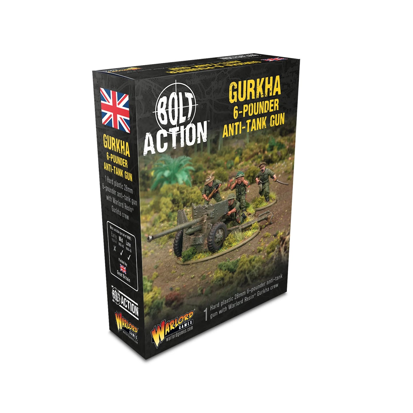 Warlord Games Gurkha 6-Pounder Anti-Tank Gun – pudełko Bolt Action Gurkha 6-Pounder Anti-Tank Gun z dioramą armaty 6-funtowej z obsługą Gurków w dżungli, 1 hard plastic 28mm 6-pounder anti-tank gun with Warlord Resin Gurkha crew