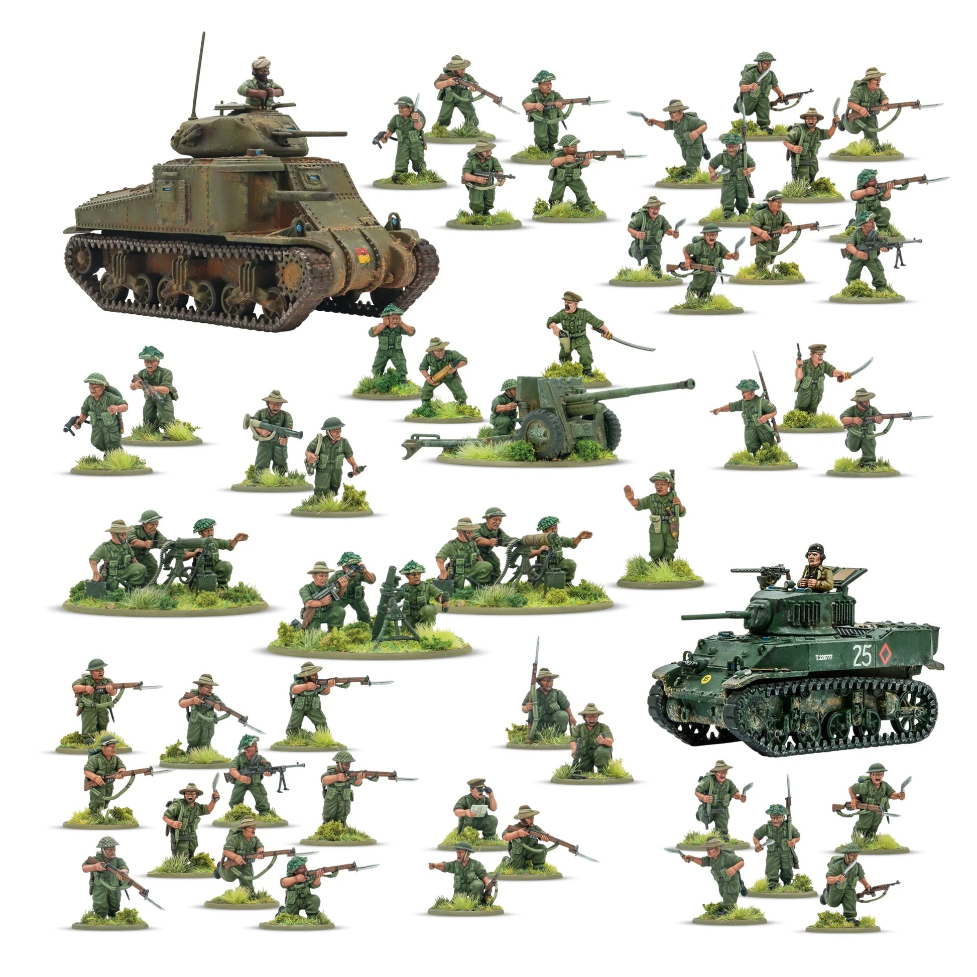 Warlord Games Ayo Gorkhali! Gurkha Starter Army – widok całości zestawu: 42 plastikowe figurki Gurków, czołg M3 Lee, czołg M5 Stuart, armata 6-funtowa, MMG i moździerz średni, Bolt Action 28mm