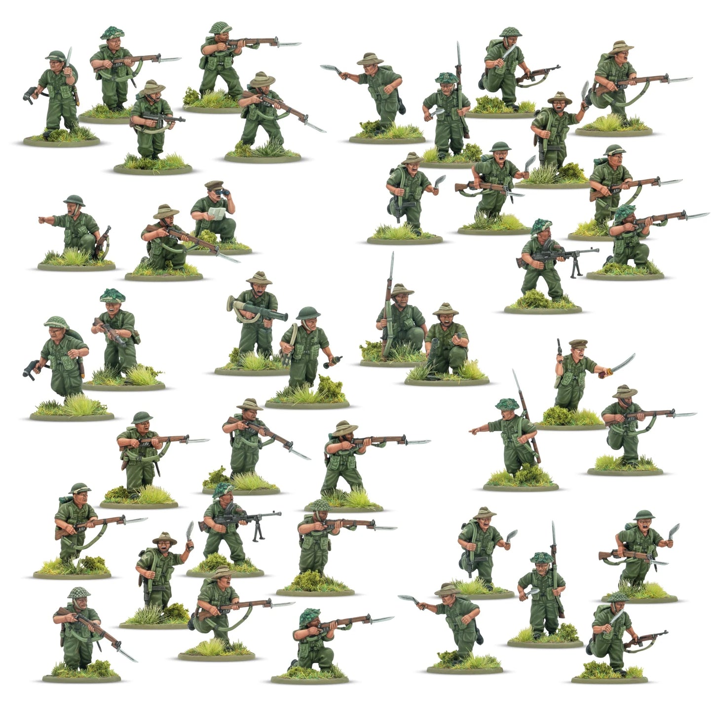 Warlord Games Ayo Gorkhali! Gurkha Starter Army – zbliżenie 5 figurek Gurków w szarży z kukri i karabinami Lee-Enfield z bagnetami, różne nakrycia głowy, widok z przodu 28mm Bolt Action