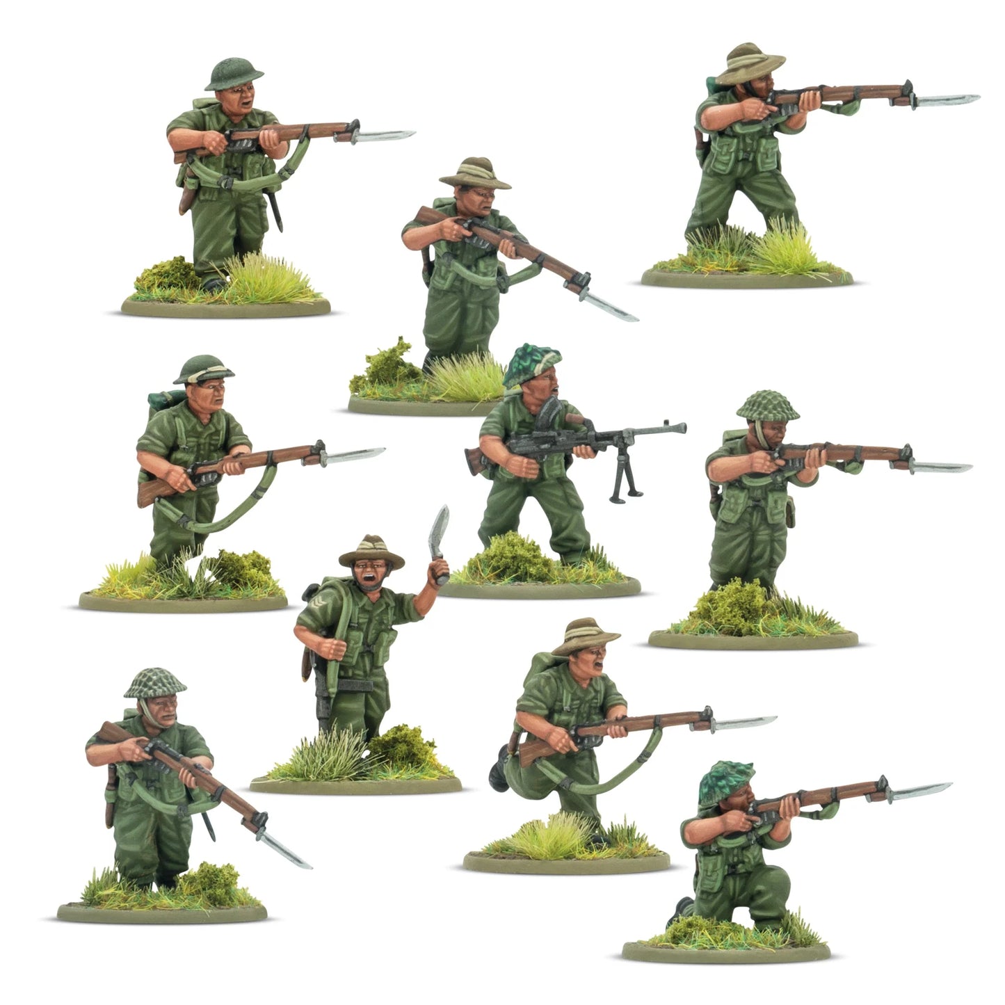 Warlord Games Ayo Gorkhali! Gurkha Starter Army – zbliżenie 5 figurek Gurków od tyłu: plecaki, ładownice i wyposażenie polowe, różne nakrycia głowy 28mm Bolt Action