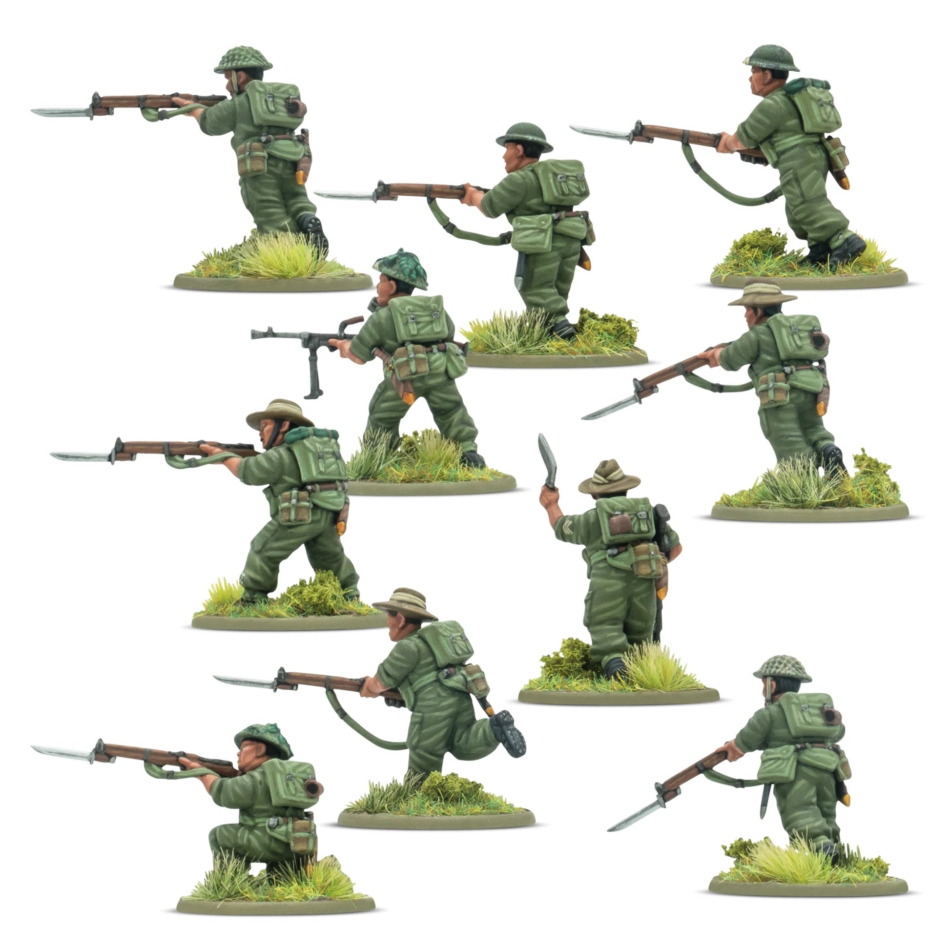 Warlord Games Ayo Gorkhali! Gurkha Starter Army – zbliżenie 3 figurek: oficer z pistoletem i szablą, sierżant w kapeluszu wskazujący cel z karabinem i bagnetem, strzelec klęczący z Lee-Enfield i bagnetem 28mm Bolt Action