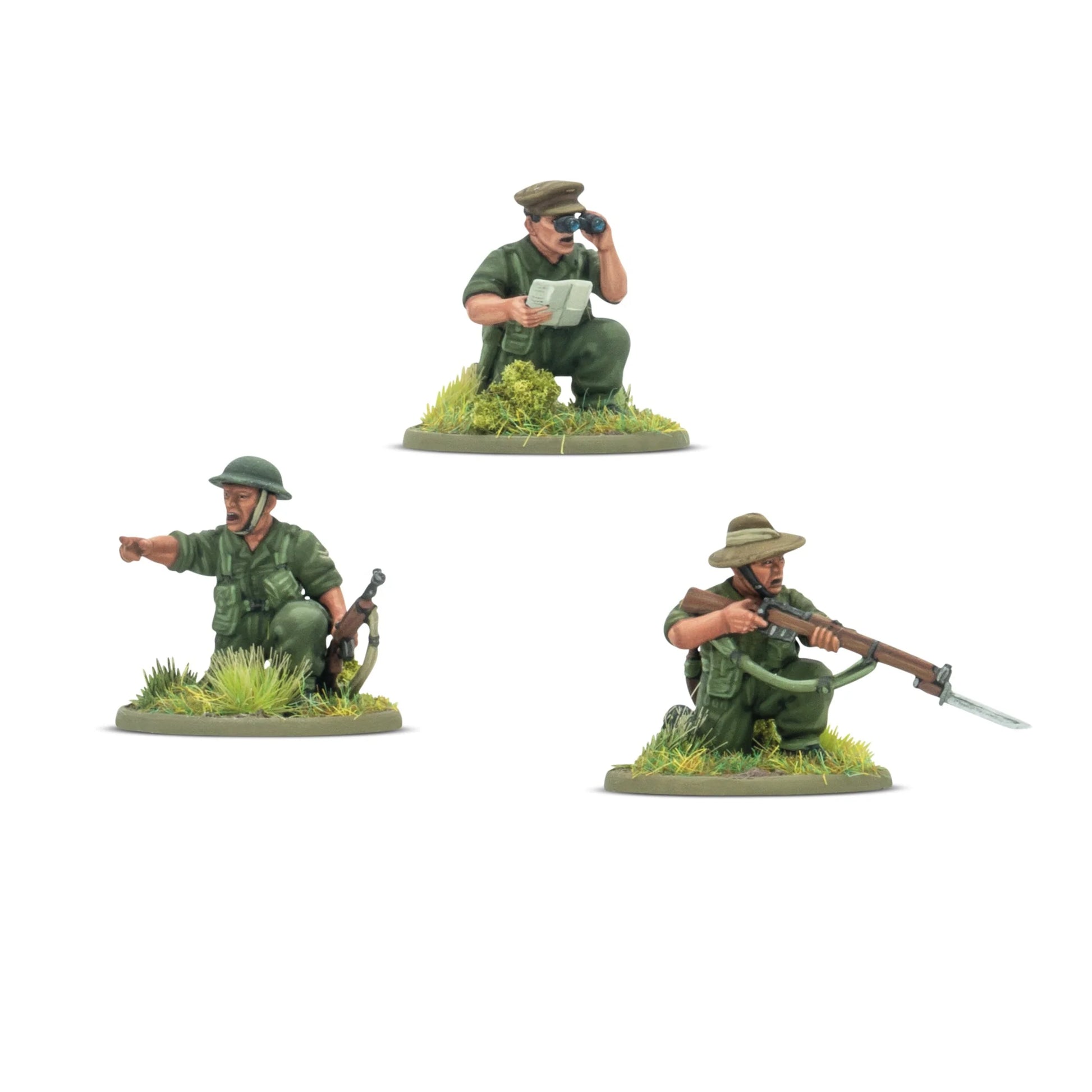 Warlord Games Ayo Gorkhali! Gurkha Starter Army – zespół moździerza średniego: 3 figurki obsługi Gurków w mundurach dżunglowych z moździerzem i amunicją oraz figurka obserwatora z karabinem, widok z tyłu 28mm Bolt Action