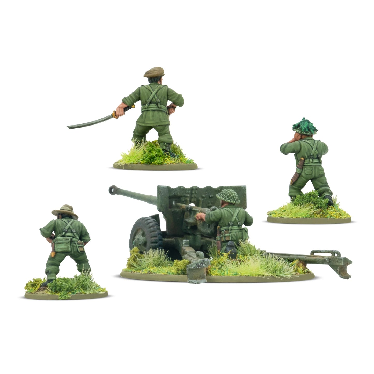 Warlord Games Ayo Gorkhali! Gurkha Starter Army – czołg M5 Stuart w ciemnozielonym kamuflażu z numerem 25 i czerwonym rombem na kadłubie, dowódca Warlord Resin w włazie, widok z przodu-lewej 28mm Bolt Action