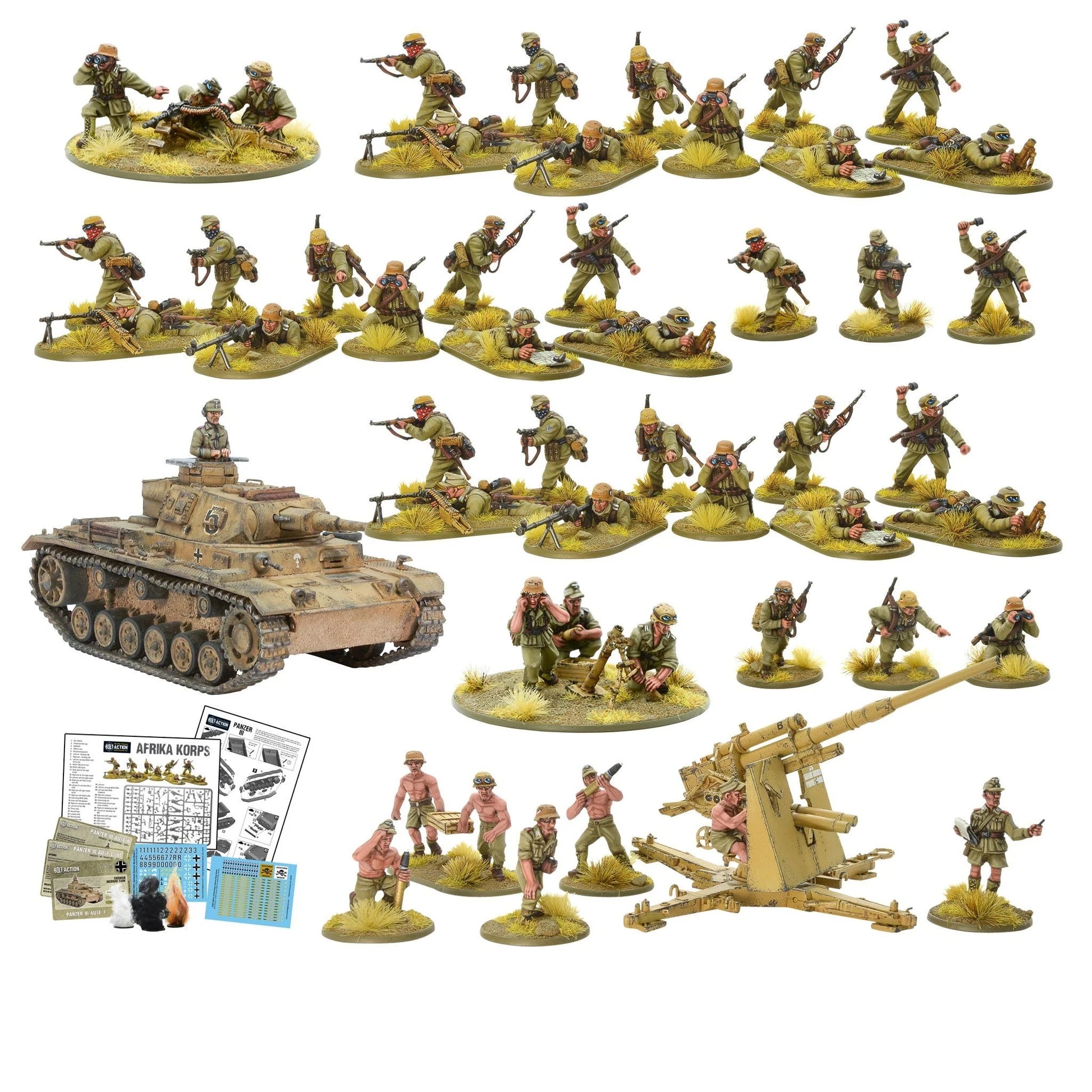 Kompletna zawartość armii - wszystkie figurki, Panzer III i 88mm