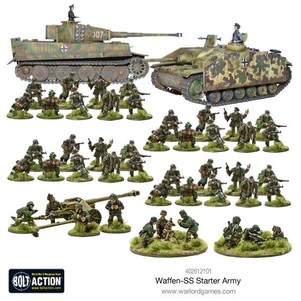 Zawartość zestawu Waffen-SS Starter Army - 30 figurek piechoty, czołg Tiger I, działo szturmowe StuG III, PaK 40, moździerz 81mm, MG42 - Bolt Action Warlord Games