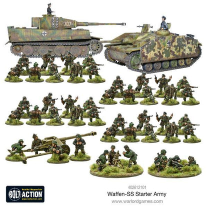 Zawartość zestawu Waffen-SS Starter Army - 30 figurek piechoty, czołg Tiger I, działo szturmowe StuG III, PaK 40, moździerz 81mm, MG42 - Bolt Action Warlord Games