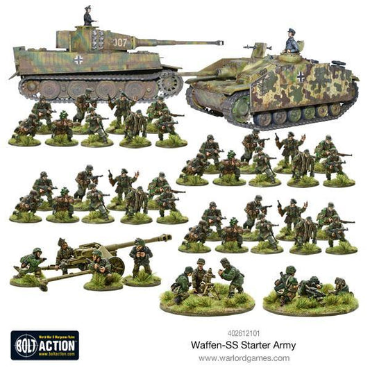 Zawartość zestawu Waffen-SS Starter Army - 30 figurek piechoty, czołg Tiger I, działo szturmowe StuG III, PaK 40, moździerz 81mm, MG42 - Bolt Action Warlord Games