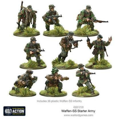Plastikowe figurki Waffen-SS Grenadiers Bolt Action - 36 żołnierzy niemieckich z karabinami szturmowymi, Panzerfaustami i LMG na podstawkach - II wojna światowa Warlord Games