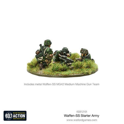 Metalowy zespół ciężkiego karabinu maszynowego MG42 Waffen-SS Bolt Action - trzech żołnierzy obsługujących MG42 na podstawce