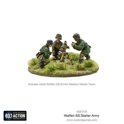 Metalowy zespół moździerza 81mm Waffen-SS Bolt Action - trzech żołnierzy obsługujących moździerz średni na podstawce