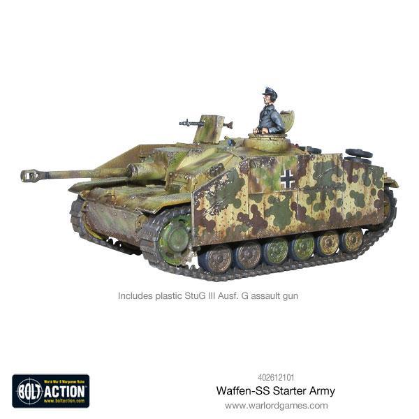 Zdjęcie działa szturmowego StuG III: "Plastikowe działo szturmowe StuG III Ausf G z osłonami Schürzen Bolt Action - niemiecki pojazd pancerny w kamuflażu z dowódcą i karabinem maszynowym
