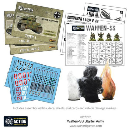 Zdjęcie akcesoriów i instrukcji: "Zawartość zestawu Waffen-SS Starter Army Bolt Action - instrukcje montażu, kalkomanie wodne, karty statystyk Tiger I i StuG III, znaczniki uszkodzeń
