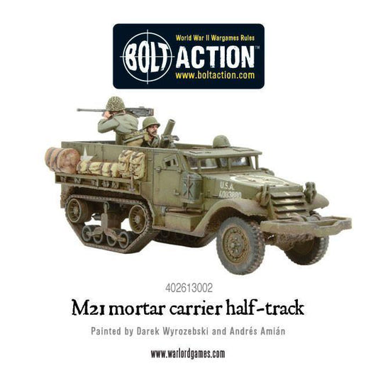 M21 Mortar Carrier 1/56 - pomalowany model z moździerzem 81mm i załogą, kamuflaż USA, widok z boku z numerem taktycznym
