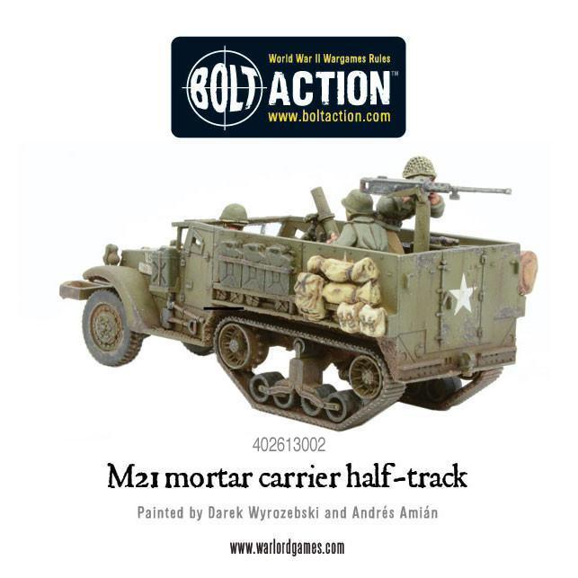 M21 Mortar Carrier 1/56 - widok z tyłu z gwiazdą USA, załoga obsługująca moździerz 81mm, detale gąsienic i zawieszenia
