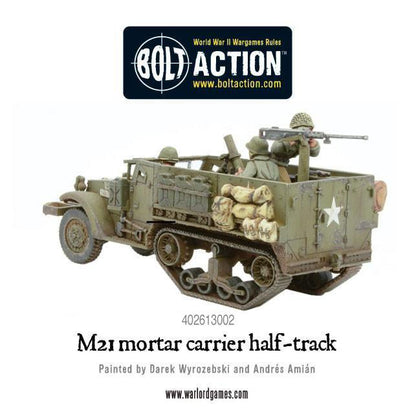 M21 Mortar Carrier 1/56 - widok z tyłu z gwiazdą USA, załoga obsługująca moździerz 81mm, detale gąsienic i zawieszenia
