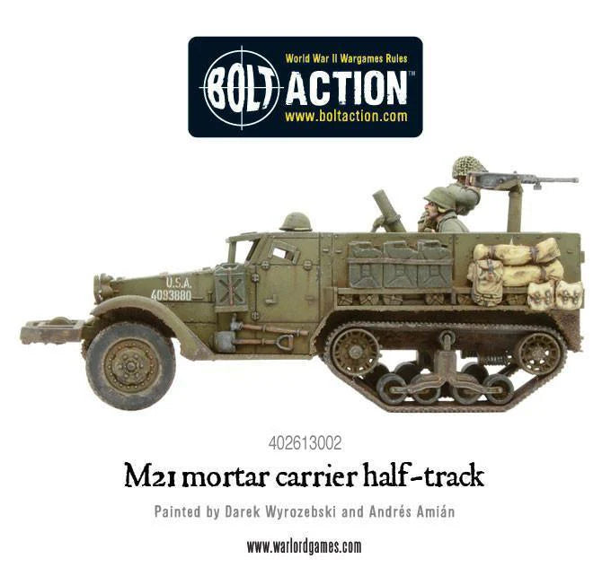 M21 Mortar Carrier półgąsienicowiec USA - widok z boku z numerem taktycznym, HMG .50 cal, moździerz, skala 28mm Warlord Games
