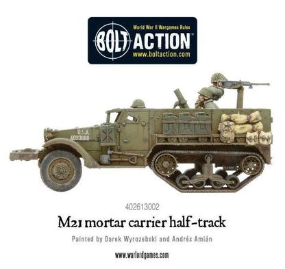 M21 Mortar Carrier półgąsienicowiec USA - widok z boku z numerem taktycznym, HMG .50 cal, moździerz, skala 28mm Warlord Games
