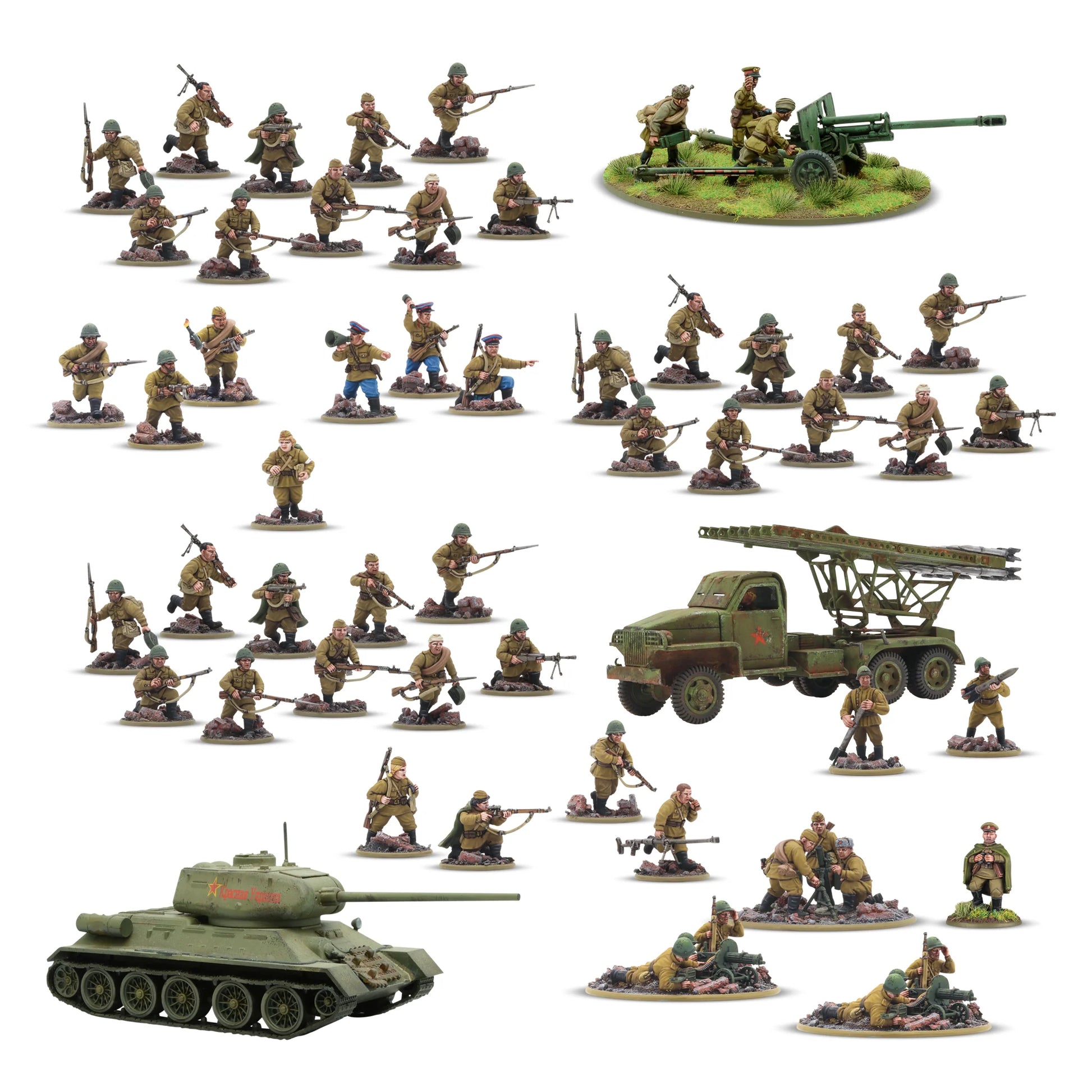 Bolt Action Forward to Berlin! Soviet Army 1943-45 Starter Army 402614005 – pomalowane figurki i pojazdy zestawu na białym tle: 42 żołnierze Armii Czerwonej w mundurach khaki, czołg T-34/85, wyrzutnia rakiet Katyusha na ciężarówce, armata ZiS-3, zespoły MMG, moździerz i dowództwo, Warlord Games
