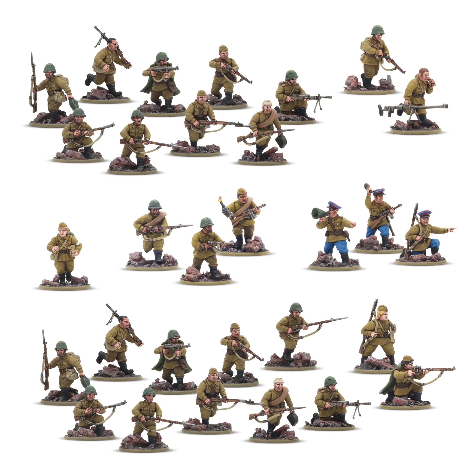Bolt Action Forward to Berlin! 402614005 – pomalowane plastikowe figurki sowieckiej piechoty 28mm w mundurach khaki: trzy sekcje strzelców z karabinami, PPSh i LMG, oficer w niebieskich spodniach wskazujący kierunek ataku, komisarz z granatem, białe tło, Warlord Games
