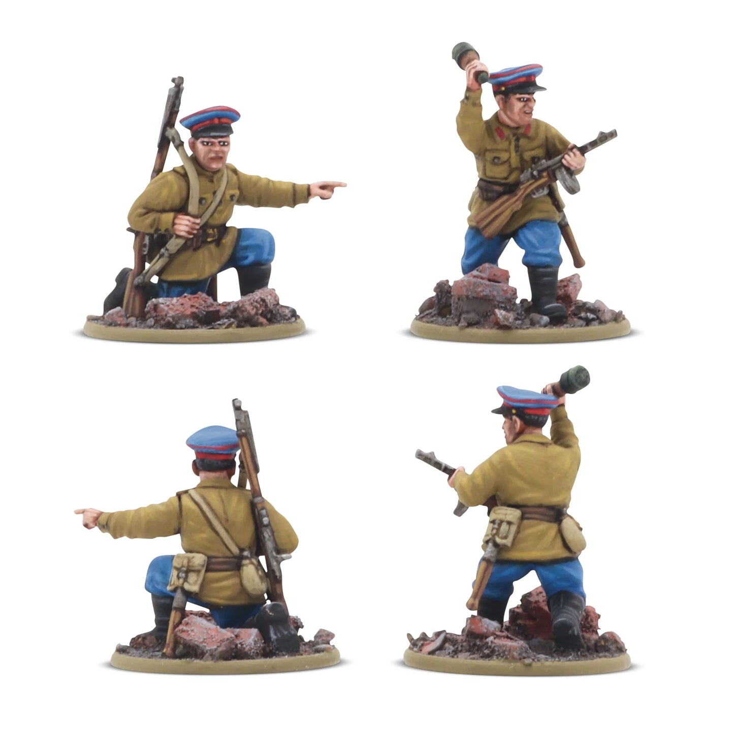 Bolt Action Forward to Berlin! 402614005 – pomalowana plastikowa figurka sowieckiego oficera/komisarza 28mm w mundurze khaki z niebieskimi spodniami i czapką z czerwonym otokiem, widok z przodu i tyłu: wskazuje kierunek ataku i rzuca granatem, białe tło, Warlord Games
