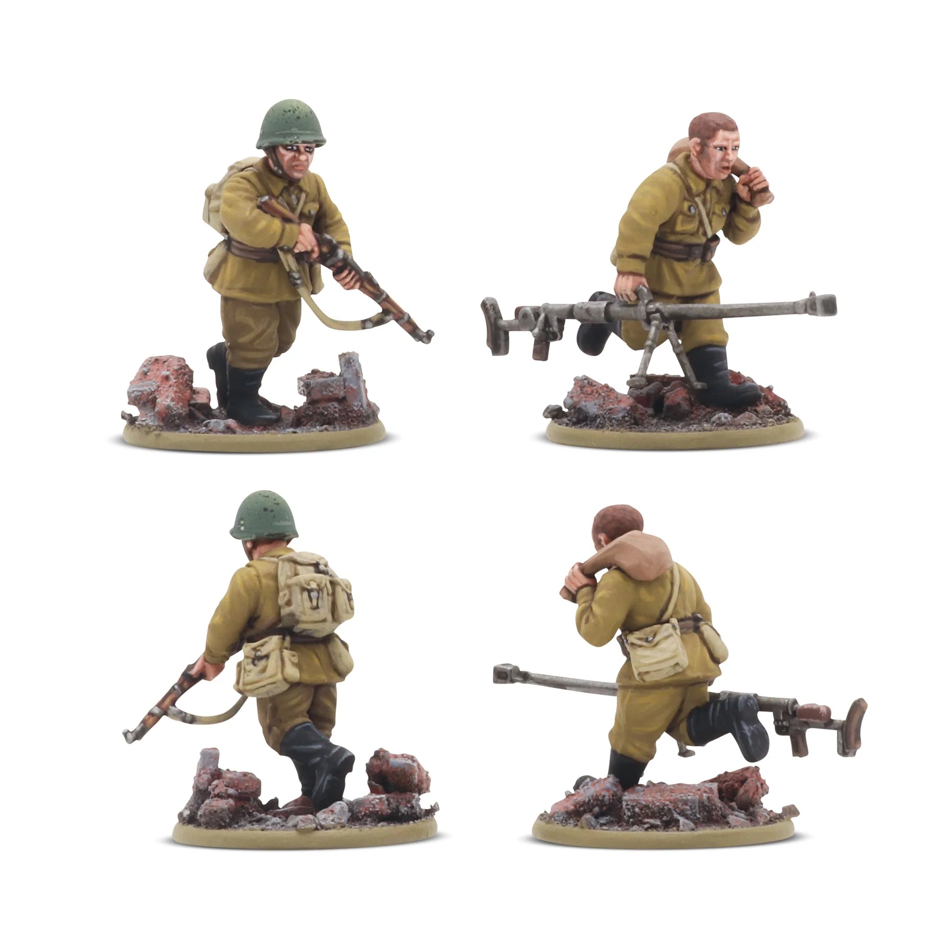 Bolt Action Forward to Berlin! Soviet Army 1943-45 402614005 – 4 pomalowane plastikowe figurki sowieckiej piechoty 28mm: żołnierz z PPSh w natarciu i operator lekkiego karabinu maszynowego DP-28 w pozycji klęczącej (widok z przodu i tyłu), mundury khaki, białe tło, Warlord Games
