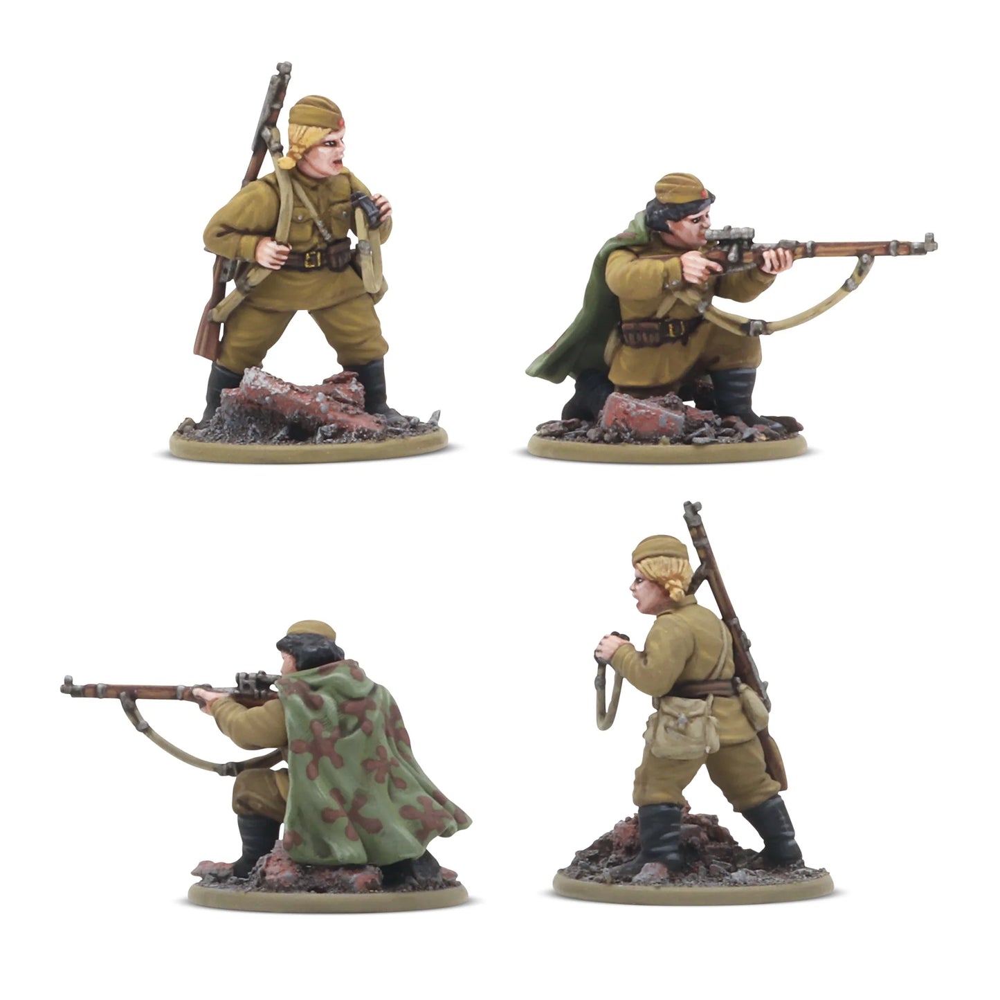 Bolt Action Forward to Berlin! Soviet Army 1943-45 402614005 – 4 pomalowane plastikowe figurki sowieckich strzelców 28mm w mundurach khaki z furażerkami: żołnierka z karabinem i strzelec w zielonym płaszczu maskującym w pozycji leżącej, widok z przodu i tyłu, białe tło, Warlord Games
