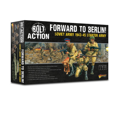 Bolt Action Forward to Berlin! Soviet Army 1943-45 Starter Army 402614005 – czarne pudełko z ilustracją szturmujących żołnierzy Armii Czerwonej z PPSh, LMG i psem bojowym, komisarz w niebieskiej czapce, logo Bolt Action i Warlord Games, opis zawartości zestawu na boku pudełka, białe tło
